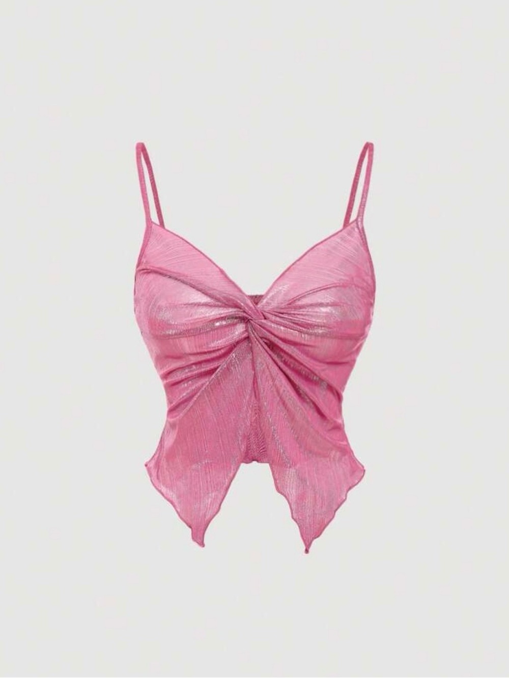 Pink Metallic Knot Front Handkerchief Hem Cami